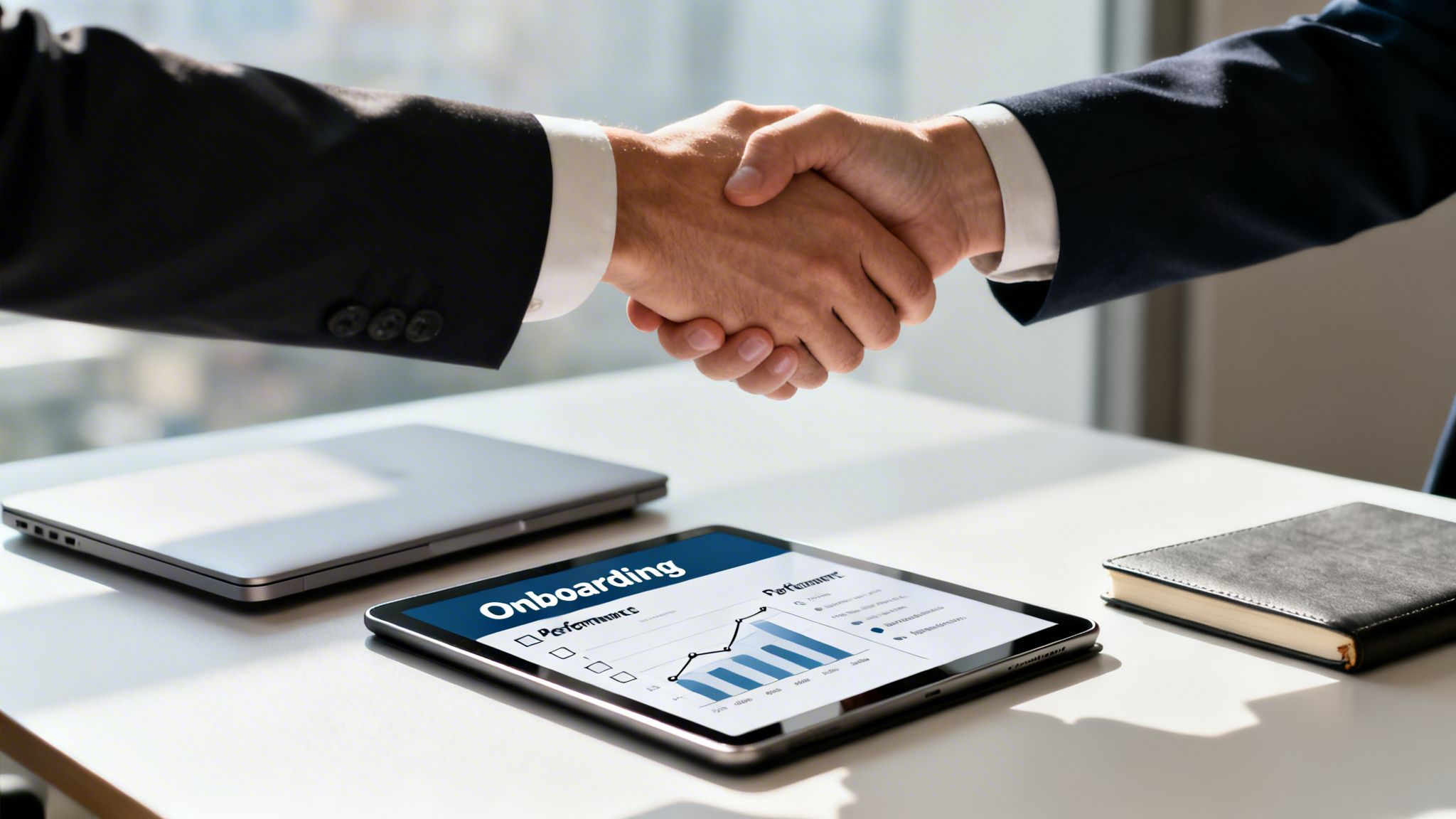 Two business people shaking hands in an office, with a tablet displaying an onboarding performance chart.